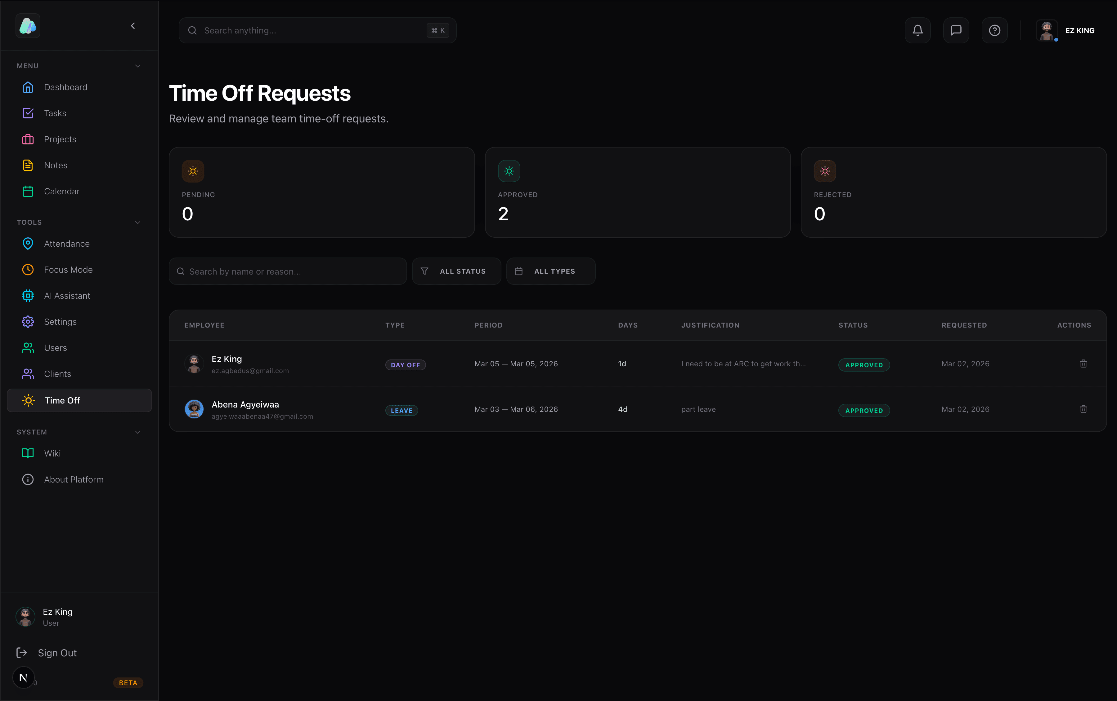Time Off Interface