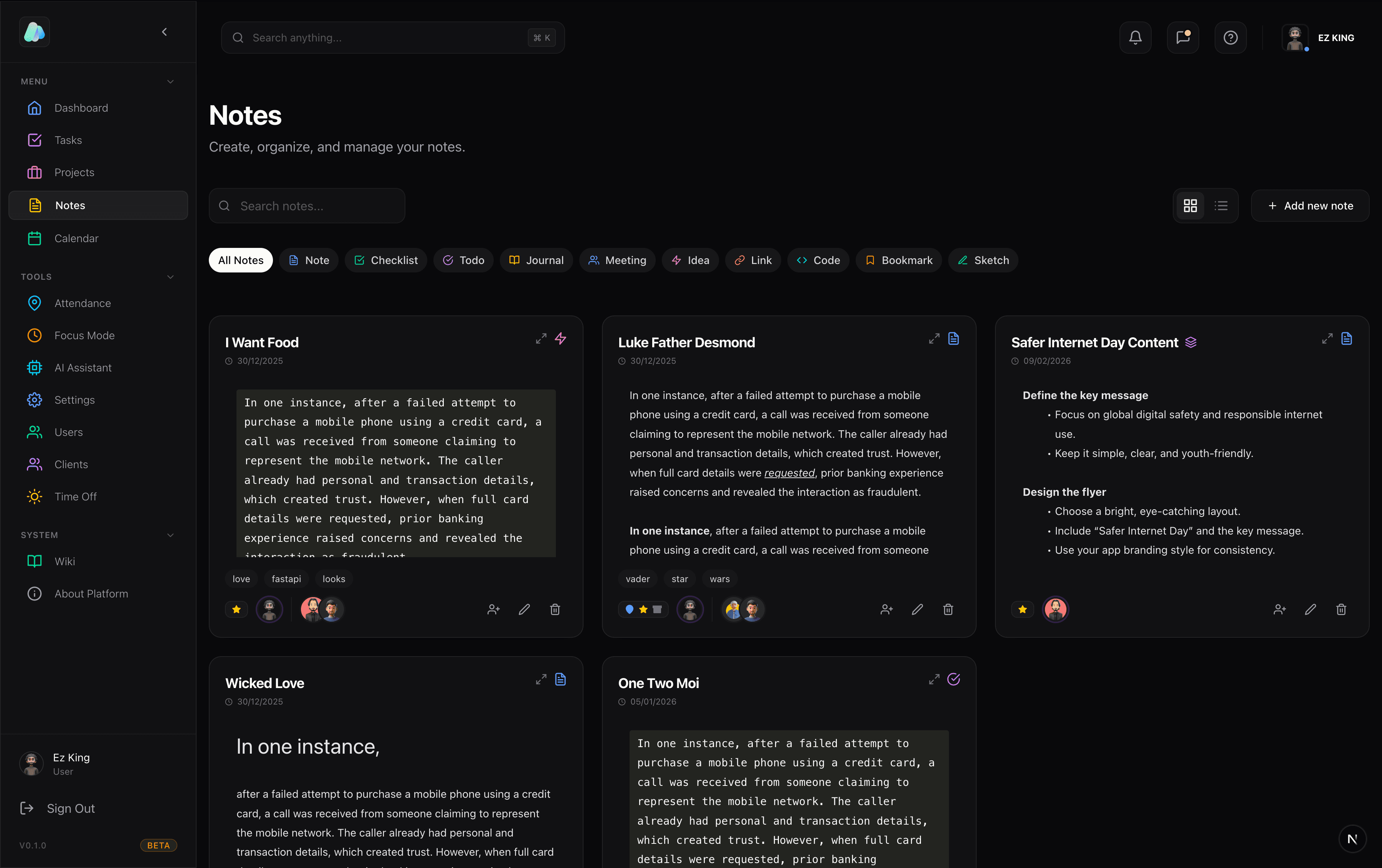 Notes Interface